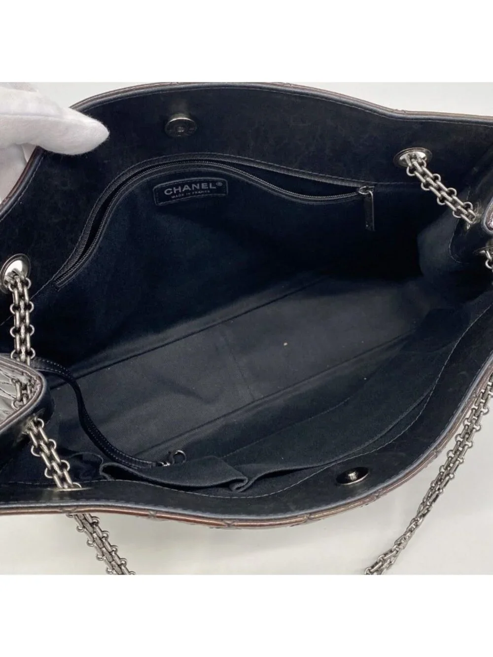 Chanel Chain Tote 2.55 Quilted Patent Leather Dark Brown Silver